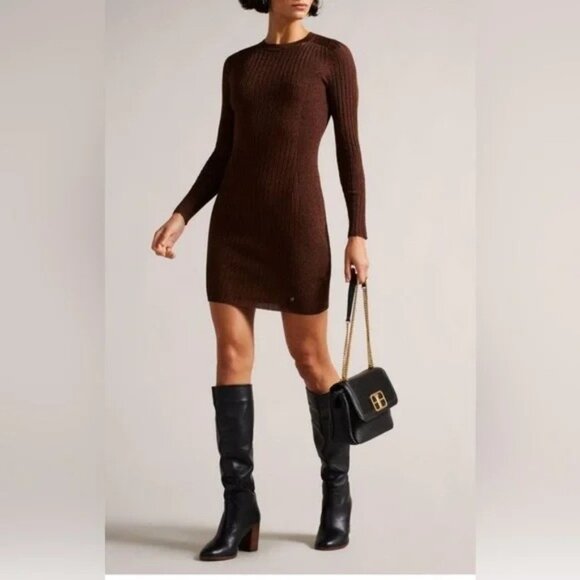 Ted Baker London Nichola Metallic Brown Ribbed Knit Bodycon Mini Dress Size 2 - Picture 1 of 13
